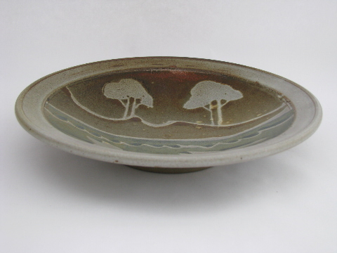 Retro handcrafted stoneware pottery bowls, nature scenes, grass & trees