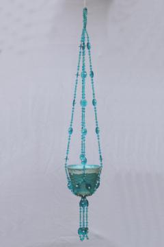 Retro hanging plant pot w/ hippie beads, aqua turquoise blue pottery planter & hanger