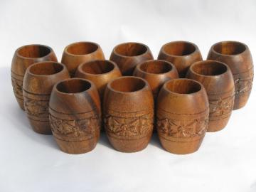 Retro Hawaiian / Polynesian island carved wood tumblers, set of 12