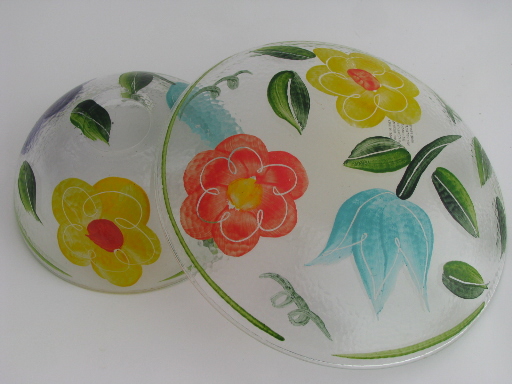 Retro Italian textured glass plate and bowl, bright hand-painted flowers