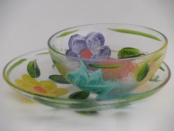 Retro Italian textured glass plate and bowl, bright hand-painted flowers