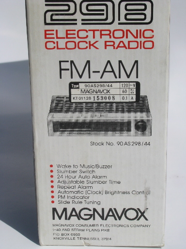 Retro Magnavox 298 AM/FM clock w/original box 1979 Hong Kong