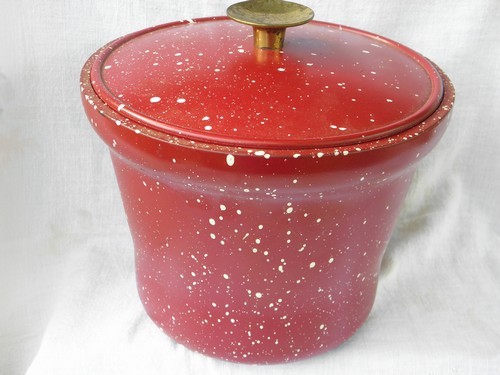 Retro melamine ice bucket, vintage red & white spatterware pattern