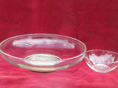 Retro mid-century brass & glass chip n dip set, glass salad bowl, small sauce bowl