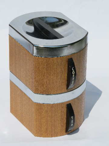 Retro mod 60s wood grain vintage Kromex metal kitchen canisters set
