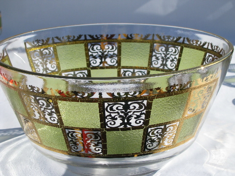 Retro mod Culver green & gold punch bowl & cups set, gold ladle