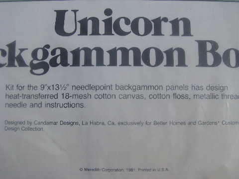 Retro needlepoint canvas / yarns kit for Unicorn backgammon game board
