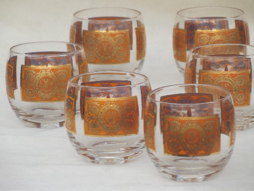 Retro orange & gold roly poly bar glasses, Culver / Briard vintage glass