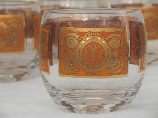 Retro orange & gold roly poly bar glasses, Culver / Briard vintage glass