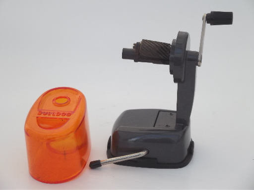 Retro orange pencil sharpener, Bulldog hand crank desktop pencil sharpener
