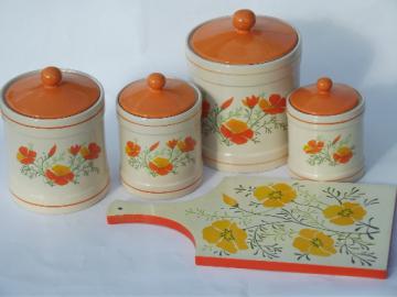 Retro orange poppies kitchen canisters set and breadboard, 70s vintage