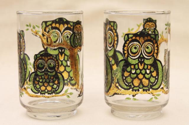 retro owl print Libbey glass drinking glasses, vintage tumblers green & gold wise old owls