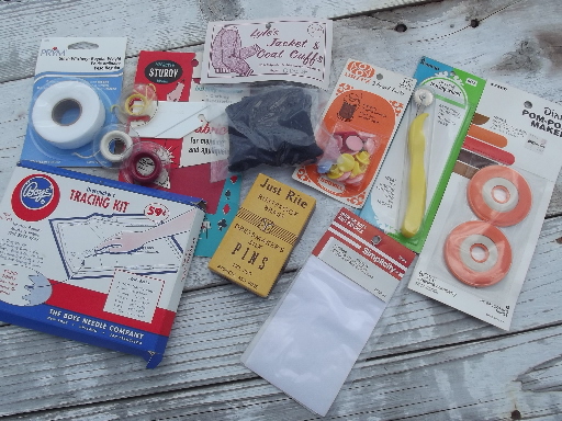 Retro plastic sewing box full of 60s 70s vintage notions, supplies