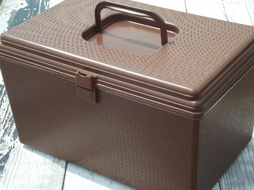 Retro plastic sewing box full of 60s 70s vintage notions, supplies