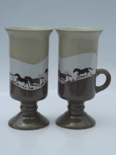 Retro pottery tall mugs, wild mustangs horse silhouettes on earth tones