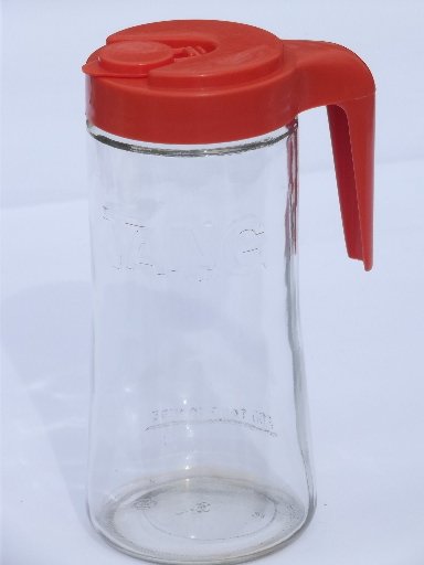 Retro refrigerator glass pitcher, bottle w/ orange plastic lid