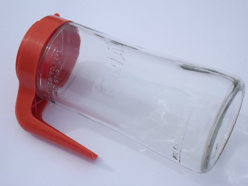 Retro refrigerator glass pitcher, bottle w/ orange plastic lid