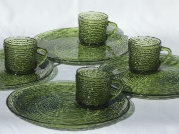 Retro Soreno glass snack sets cups & plates, vintage verde avocado green glass
