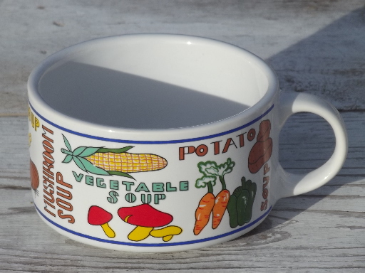 Retro soup  mugs set, large bowls w/ cup handles 70s vintage stoneware