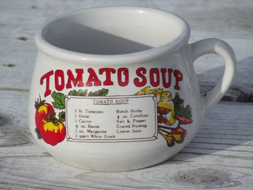 Retro soup  mugs set, recipe print bowls w/ cup handles, 70s vintage