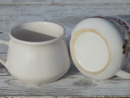 Retro soup  mugs set, recipe print bowls w/ cup handles, 70s vintage