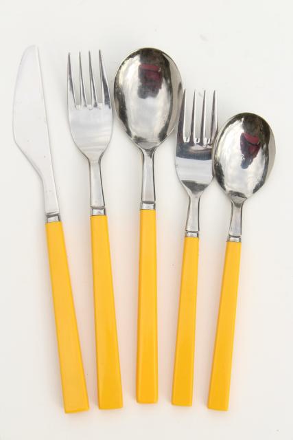 retro stainless flatware with yellow plastic handles, 70s 80s vintage Anacapa Japan