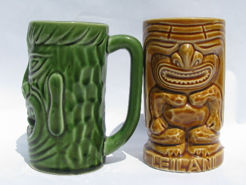 Retro tiki cups, vintage pottery mug and tumbler for tropical drinks