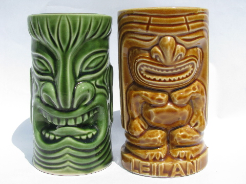 Retro tiki cups, vintage pottery mug and tumbler for tropical drinks