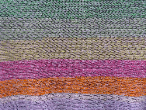 Retro vintage 70s crochet afghan blanket, big stripes in bold colors