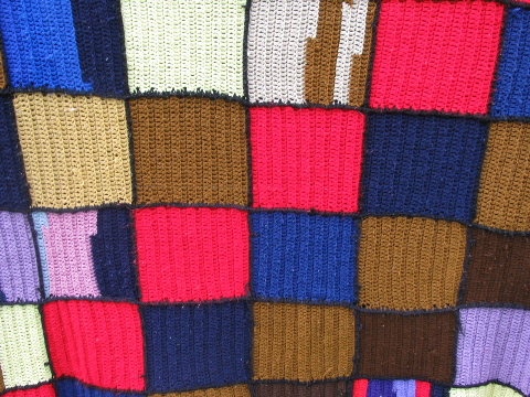 Retro vintage 70s crochet afghan blanket, color blocks w/ black