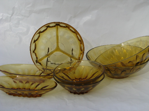 Retro vintage amber glass serving pieces, relish dishes, bowls