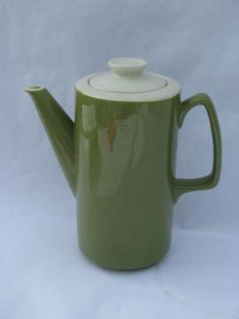 Retro vintage avocado green / white pottery coffee pot, 60s mod shape