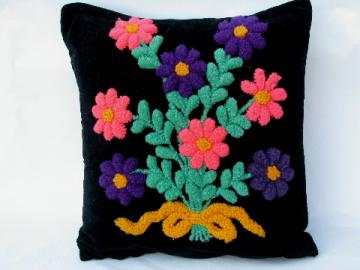 Retro vintage black cotton velvet pillow, funky chenille flowers