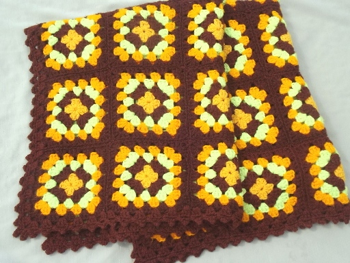 Retro vintage crochet granny square afghan, warm fall colors brown