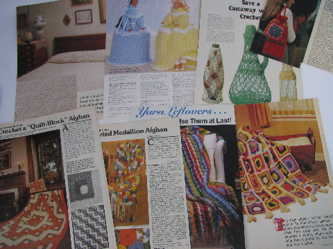 Retro vintage crochet needlework patterns, old magazine clippings lot