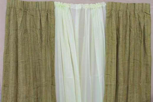 retro vintage curtains for large window, 60s olive green tweed drapes & pale celery sheers