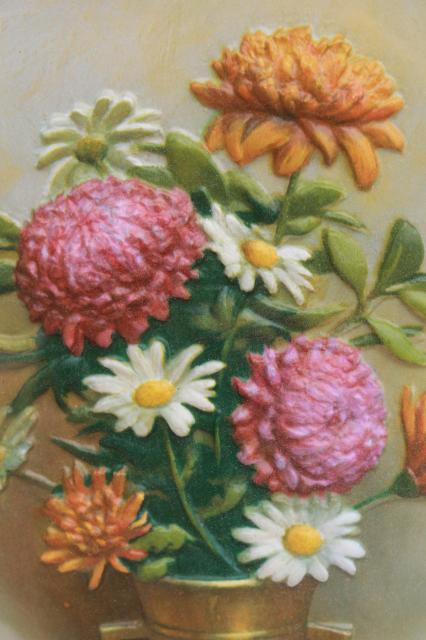 retro vintage framed floral pictures, 3 D Dimension plastic blow mold puffy flower prints