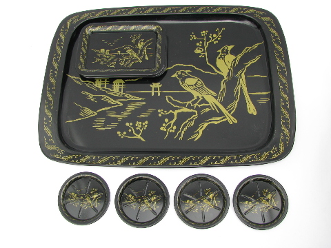 Retro vintage gold parrots / black chinoiserie metal cocktail bar trays set