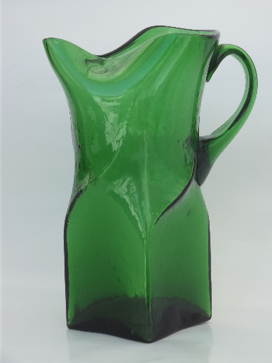 Retro vintage hand blown glass pitcher, mod square shape cocktail pitcher