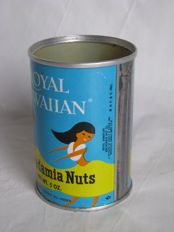 Retro vintage Hawaii macadamia nuts advertising can w/ great hula girls graphics