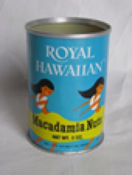 Retro vintage Hawaii macadamia nuts advertising can w/ great hula girls graphics