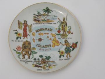 Retro vintage Hawaii souvenir map collector's plate, hula girls and tiki