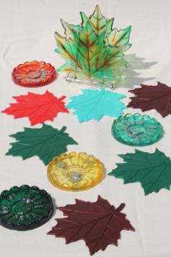 retro vintage lucite plastic coasters, fall leaves & flowers in harvest colors