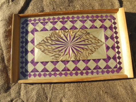 Retro vintage Mexico, hand-crafted wood tray w/ straw work inlay