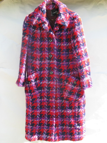 Retro vintage nubby mohair wool plaid coat, purple / red / navy blue