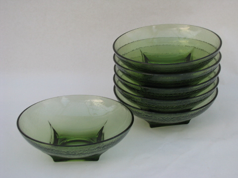 Retro vintage orange peel glass salad bowls set, green colony square
