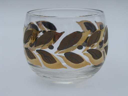 Retro vintage roly-poly bar drinks rocks glasses, mod gold leaf pattern