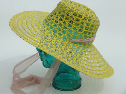 Retro vintage sheer lace hat, wide brimmed summer garden party hat w/ ties