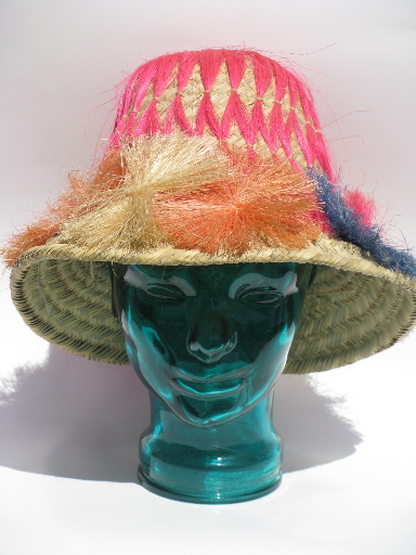 Retro vintage straw beach bum hat, tropical flowers, tiki bar style!