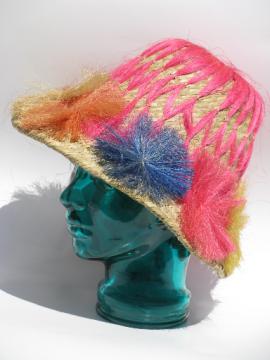 Retro vintage straw beach bum hat, tropical flowers, tiki bar style!